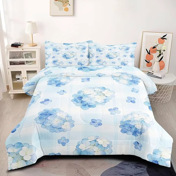Sustainable Girls Kids Women 3-Piece Cottage Blue Floral Comforter Set King Size Girls Hydrangea Bedding Sets Includes 1 Comforter 104 quot x90 quot and 2 Pillowcases Functional