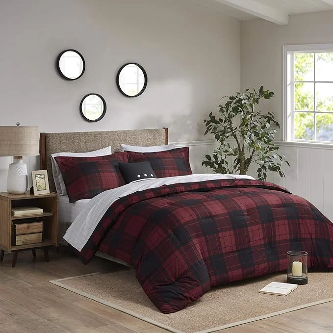 Recyclable Madison Park Essentials Cozy Bed in A Bag – Reversible Comforter with Complete Sheet Set Casual Plaid Cabin Design All Season Cover Decorative Pillow Everest Plaid Red Twin 68 quot x86 quot 6 Piece Reusable
