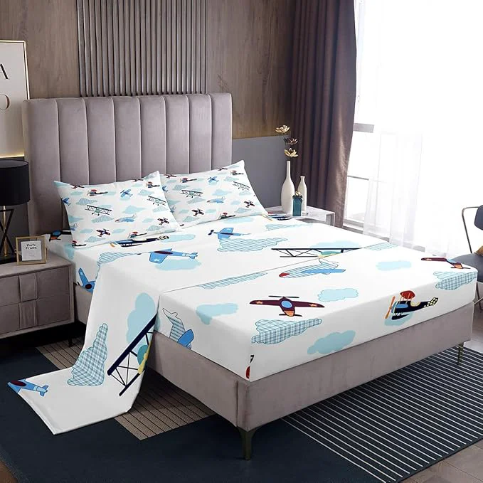 Elegant Kids Aircraft Bed Sheets Set Boys Teens Airplanes Fitted Sheet Blue White Clouds Bedding Set for Bedroom Decor Chic Gingham Sheet King Flat Sheet amp Fitted Sheet with 2 Pillow Case Next-Generation