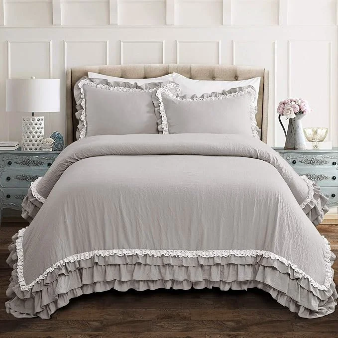 Quality Lush Decor Ella Ruffle Lace Comforter 3 Piece Set Full Queen Light Gray – Cute Comforter – Queen Bedding Set – Gray Bedding Full Size – Coquette Decor – Ruffle Trim – Lace Trim Proven