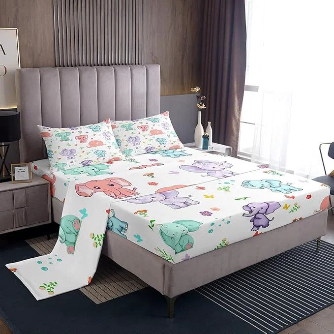 Healthy Cartoon Elephant Fitted Sheet Set with 2 Pillowcase Watercolor Flowers Leaves Butterfly Bed Sheet for Boys Girls Bedroom Cute Wild Animal Elephants Top Flat Sheet Luxury Microfiber Queen Size Fine