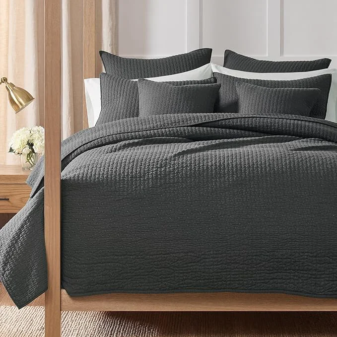 Responsible Levtex Home Cross Stitch Reversible Full Queen Quilt Set 88x92in with 2 Pillow Shams 26x20in – Stitch Texture – Charcoal – Cotton Full Queen Size Quilt Bedding Set – Lightweight Soft Pre-Washed Traditional