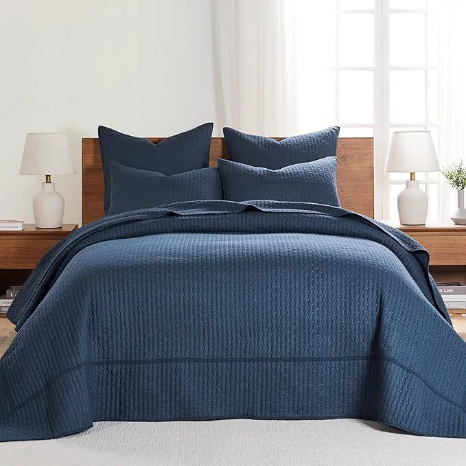 Elegant Levtex Home Cross Stitch Reversible King Bedspread Set 120x104in with 2 Pillow Shams 36x20in – Stitch Texture – Navy – Cotton King Size Bedspread Set – Soft Pre-Washed Prestigious