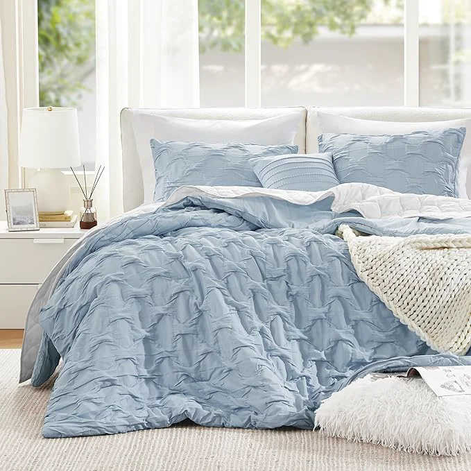 Carefully Designed Comfort Spaces Comforter for King Size Bed Ogee Ruched with Crinkle Texture Breathable Comforter Set King All Season Lightweight Bedding Set Shams Décor Pilow King Cal King Blue 4 Piece Enhanced
