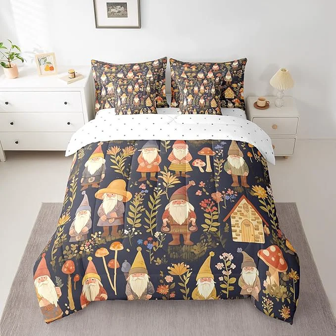 Expertly Made Retro Farmhouse Gnome Comforter Set 7 Pieces Jungle Botanical Flowers Leaves Bed Set Rustic Style Bedding Bed in a Bag Twin 1 Comforter 2 Pillowcase 2 Pillow Covers 1 Flat Sheet 1 Fitted Sheet Fine