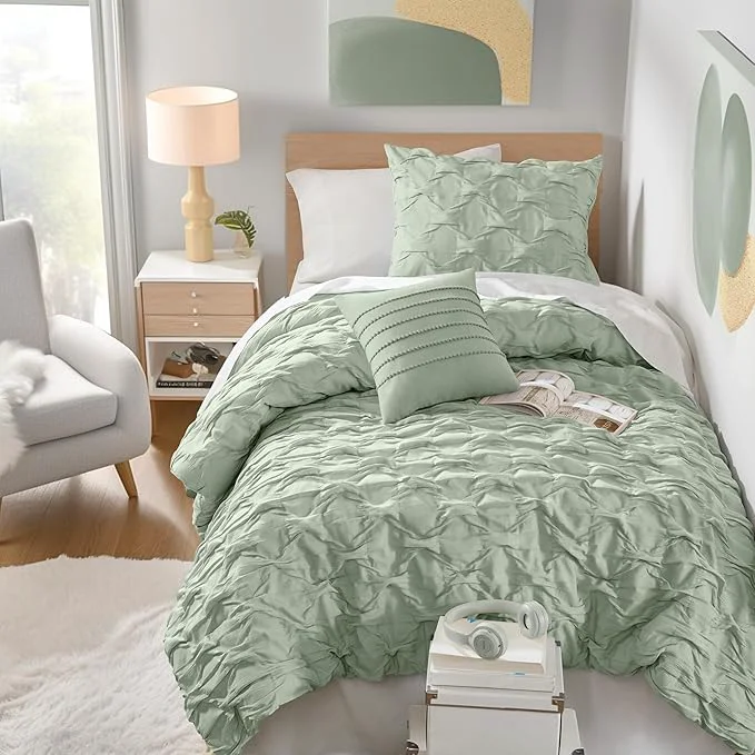 Fast Comfort Spaces Twin Twin XL Comforter Set for College Ogee Ruched Crinkle Texture Breathable Comforter Set Twin Dorm All Season Lightweight Bedding Set Shabby Chic Décor Pilow Green 3 Piece Quality