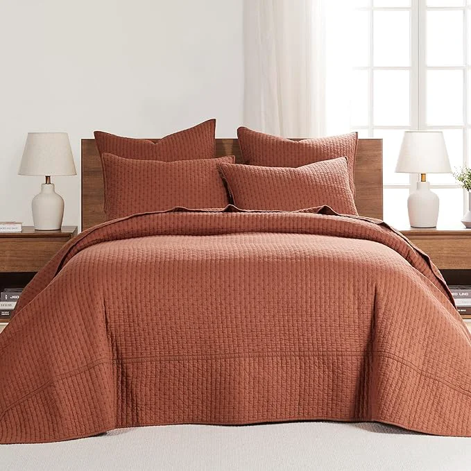 Eco-Friendly Levtex Home Cross Stitch Reversible King Bedspread Set 120x104in with 2 Pillow Shams 36x20in – Stitch Texture – Adobe – Cotton King Size Bedspread Set – Soft Pre-Washed Premium Material