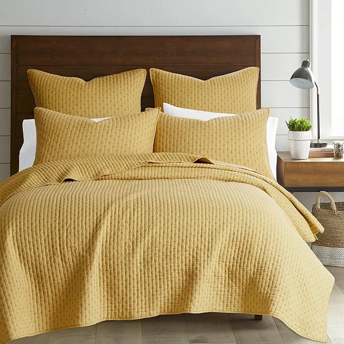 Carefully Designed Levtex Home Cross Stitch Reversible King Cal King Quilt Set 106x92in with 2 Pillow Shams 36x20in – Stitch Texture – Ochre – Cotton King Size Quilt Bedding Set – Lightweight Soft Pre-Washed Effective