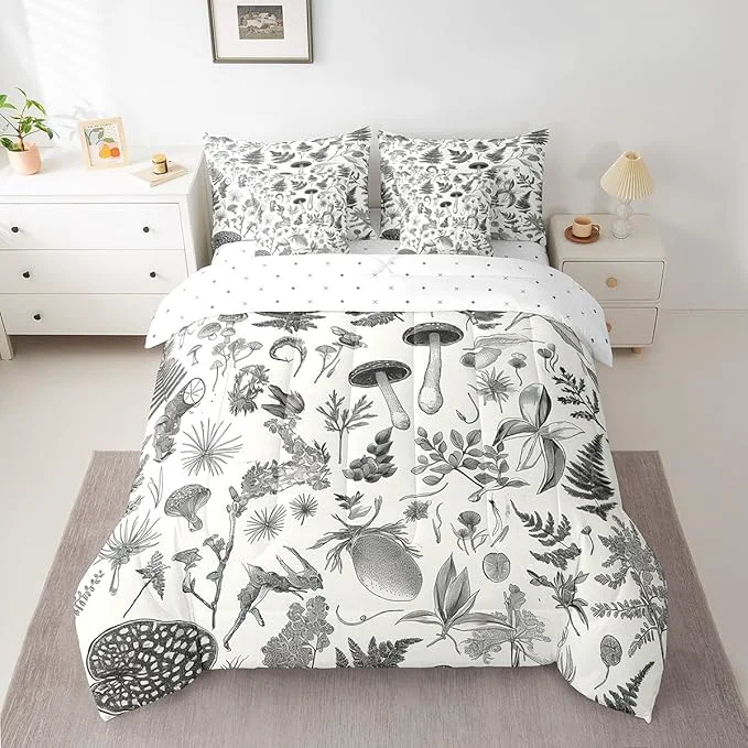 Proven Castle Fairy Retro Jungle Mushroom Comforter Set Bed in a Bag 7 Pieces Twin Wild Leaves Flowers Bedding Set Rustic Botanical Plants Comforter Fitted Flat Sheet 2 Pillowcases 2 Throw Pillow Covers Responsible