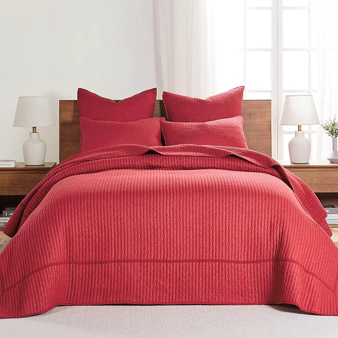 Sophisticated Levtex Home Cross Stitch Reversible Twin Bedspread Set 84x104in with 1 Pillow Sham 26x20in – Stitch Texture – Chile Red – Cotton Twin Size Bedspread Set – Lightweight Soft Pre-Washed World-Class