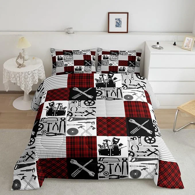 Recyclable Kids Boys Car Bedding Set Twin Size Farmhouse Gingham Check Comforter Wrench Repair Outfit Comforter Set Red Black Duvet Set 2Pcs Quilt Set 1 Comforter Set with 1 Pillowcase Natural