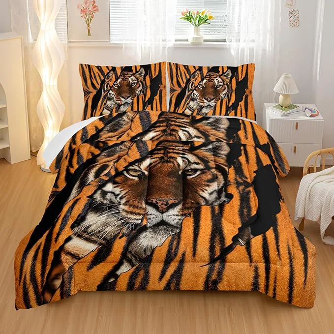 World-Class Mighty Tiger Comforter Sets Twin Size Animal Bedding Set for Your Room Tiger Fur Soft Lightweight Quilted Set All Season 1 Comforter and 2 Pillowcases Genuine