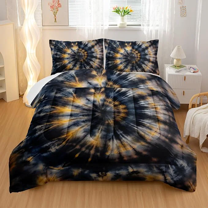 Refined Dark Tie Dye Comforter Sets Full Size Yellow Fission Graffiti Bedding Set for Your Room Abstract Soft Lightweight Quilted Set All Season 1 Comforter and 2 Pillowcases Certified