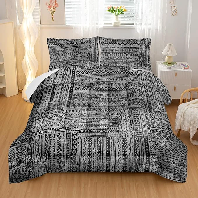 Artisan Grey Splicing Comforter Sets Full Size Bohemian Geometric Bedding Set for Your Room Abstract Soft Lightweight Quilted Set All Season 1 Comforter and 2 Pillowcases Relaxed