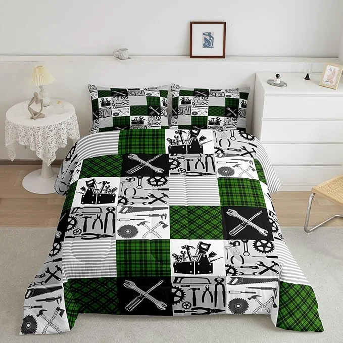 Selected Kids Boys Car Comforter Set Farmhouse Gingham Check Bedding Set Wrench Repair Outfit Bedding Home Decor Green Black Comforter King Size 3 Pieces Quilted Duvet Set with 2 Pillowcase Trusted