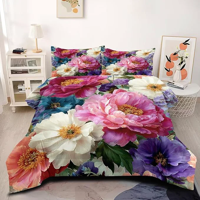 Selected Women Victorian Colorful Peony Comforter Set 5-Piece King Size Botanical Floral Bedding Sets 1 Comforter 104 quot x90 quot and 2 Pillowcases 1 Fitted Sheet 1 Flat Sheet Organic