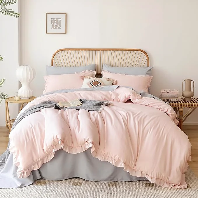 Prestigious JANZAA Full Size Comforter Pink Comforter Set 3PCS 1 Ruffled Comforter Set and 2 Pillow Cases Blush Pink Bed Set Vintage Farmhouse Shabby Chic Bedding Soft All Season Easy-to-Use
