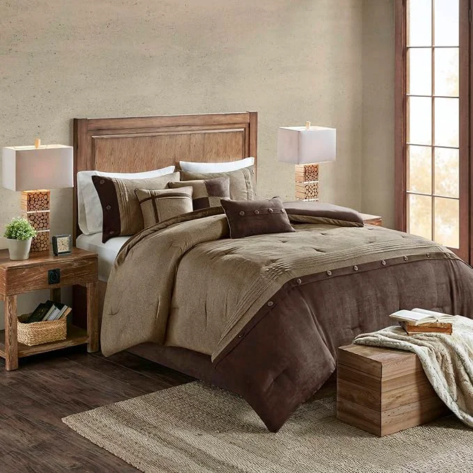 Modern Madison Park Boone Cozy Comforter Set Faux Suede Deluxe Hotel Styling All Season Down Bedding Matching Shams Decorative Pillow Queen 90 in x 90 in Rustic Brown 7 Piece Consistent