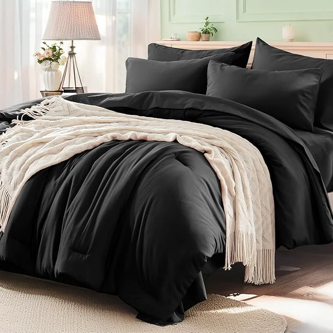 Clean Anluoer Black Queen Comforter Set 7 Pieces Bed in a Bag with Sheets All Season Bedding Sets with 1 Comforter 2 Pillow Shams 2 Pillowcases 1 Flat Sheet 1 Fitted Sheet Exclusive
