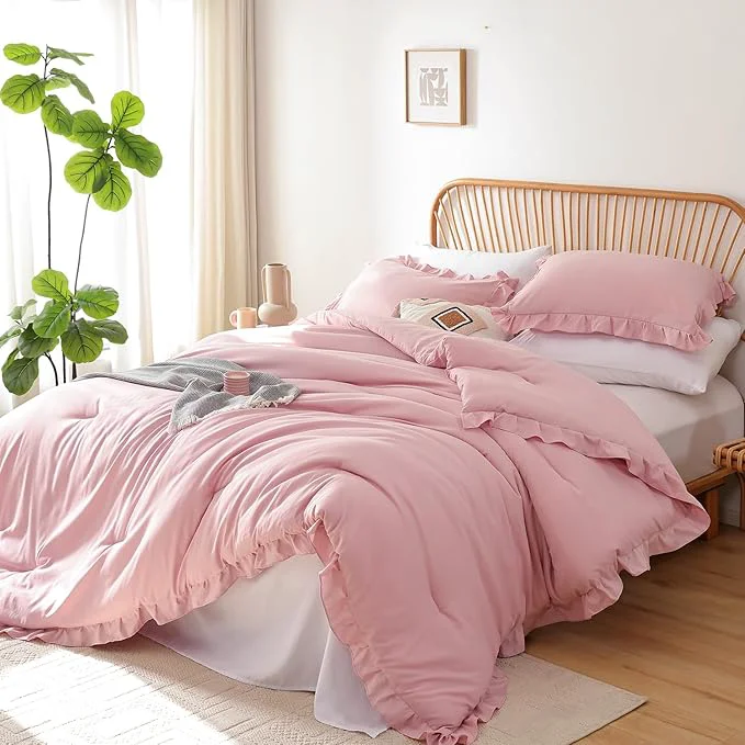 Minimalist JANZAA Queen Comforter Set Baby Pink Ruffle Comforter with 2 Pillowcase Soft Queen Size Bed Set Vintage Farmhouse Bed Comforter Set Fluffy Shabby Chic Bedding for All Season Smart