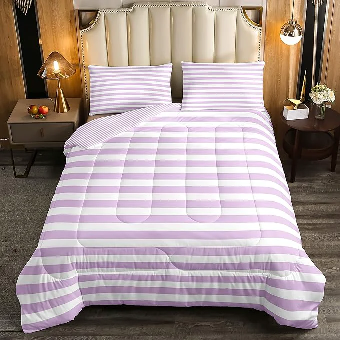 Exclusive Girl Purple Striped Comforter Set Twin White Farmhouse Ticking Stripes Down Comforter For Women Horizontal Stripes Geometric Lines Reversible Lightweight Duvet Set For Room Decor Soft Bedding Set Relaxed