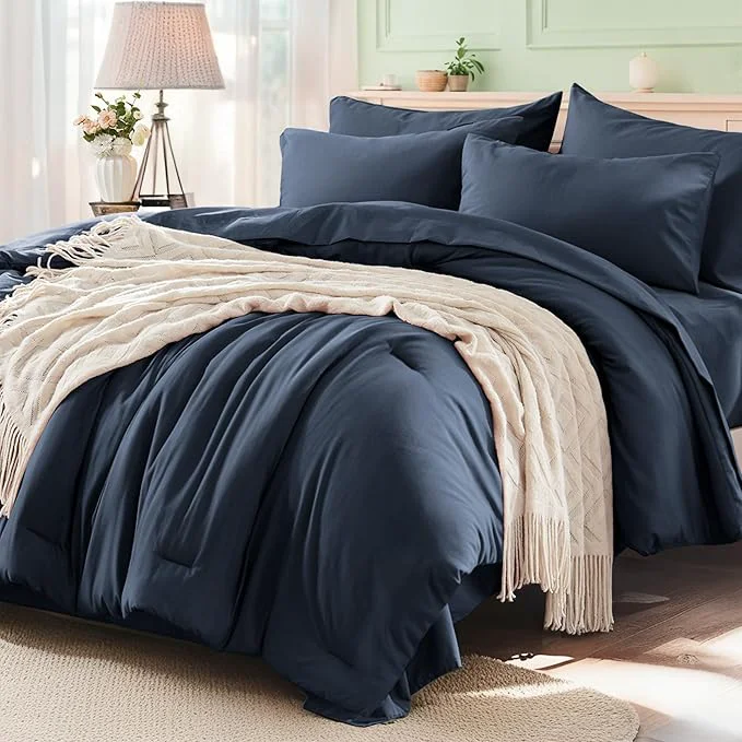 Efficient Anluoer Navy Blue Queen Comforter Set 7 Pieces Bed in a Bag with Sheets All Season Bedding Sets with 1 Comforter 2 Pillow Shams 2 Pillowcases 1 Flat Sheet 1 Fitted Sheet Crafted