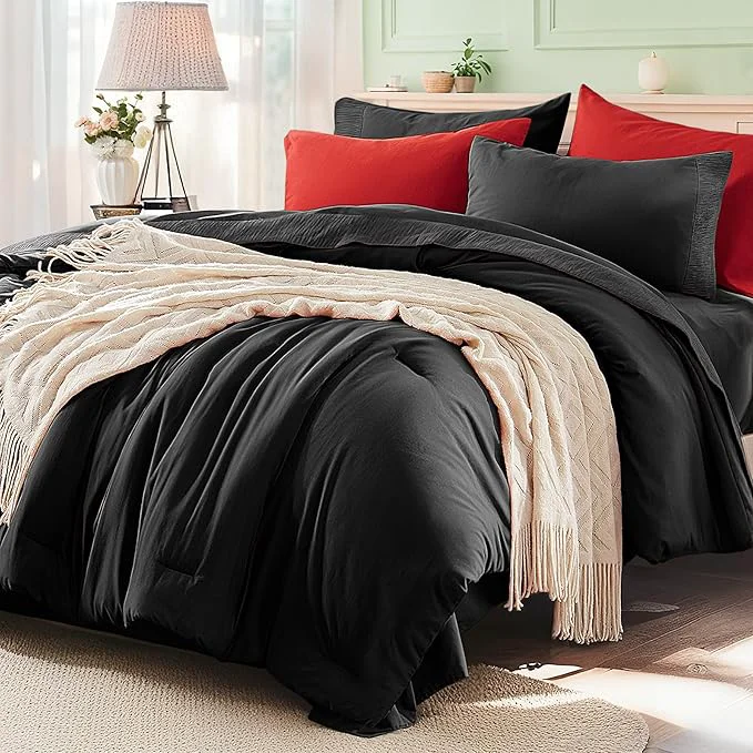 Expertly Made Anluoer Black and Red Full Comforter Set 7 Pieces Bed in a Bag with Sheets All Season Bedding Sets with 1 Comforter 2 Pillow Shams 2 Pillowcases 1 Flat Sheet 1 Fitted Sheet Safe