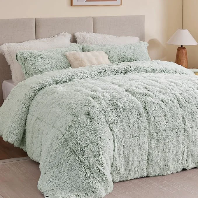 Environmentally Friendly Intelligent Design King Comforter Set Fur-Like Shaggy Comforters for King Size Bed Warm Fuzzy Bedding All Season Luxurious Comforters King Size Bed Set Malea King Cal King Green White 3 Piece Verified