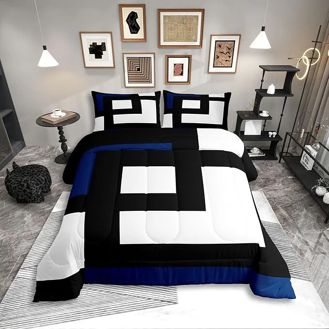 Professional Erosebridal Blue Black and White Striped Twin Bedding Sets for Adult Women Men Square Abstract Comforter Set Modern Geometric Stripes Bold Lines Quilt Set Minimalist Plaids Bed Collections First-Class