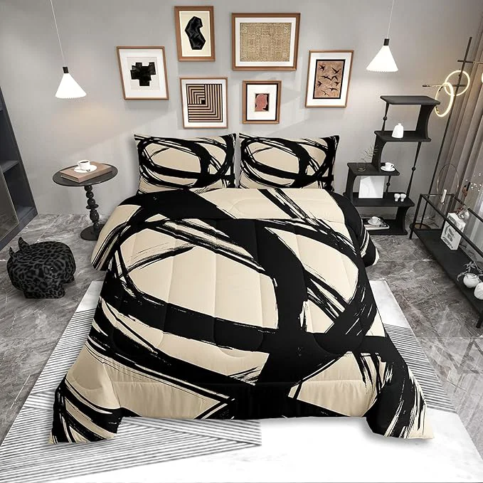 Clean Black and Beige Abstarct Comforter Set Twin Size for Kids Boys Girs Graffiti Stripes Lines Bedding Set Aesthetic Geometric Duvet Insert for Minimalists Contemporary Boho Modern Art Quilt Premium