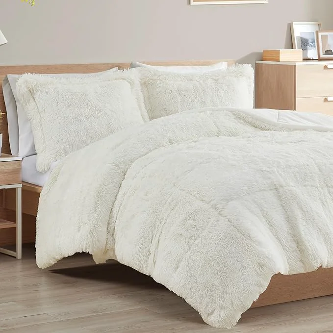 Fast Intelligent Design Malea Shaggy Comforter Set Long Faux Fur Cozy Down Modern Casual Ultra Soft All Season Fluffy Bedding with Matching Sham Full Queen Ivory 3 Piece User-Friendly