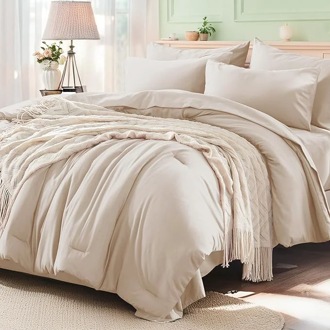 Exclusive Anluoer Beige Full Comforter Set 7 Pieces Bed in a Bag with Sheets All Season Bedding Sets with 1 Comforter 2 Pillow Shams 2 Pillowcases 1 Flat Sheet 1 Fitted Sheet High-End