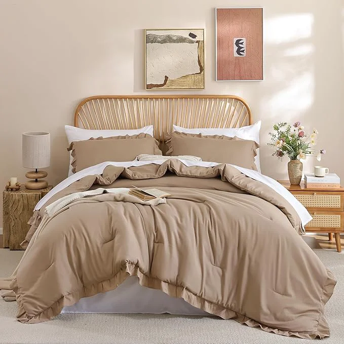 Fine Crafted JANZAA Queen Ruffled Comforter Set 3PCS 1 Taupe Comforter Set and 2 Pillowcases Vintage Farmhouse Shabby Chic Bedding Soft Fluffy Bed Set All Season Practical