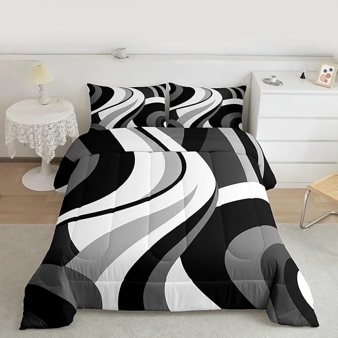 Solid Gray Black White Spiral Toddler Comforter for Adult Women Men Modern Swirls Stripes Abstract Bedding Set for Minimalists Boho Aesthetic Geometric Bed Sets Graffiti Art Lines Quilt Sets Contemporary