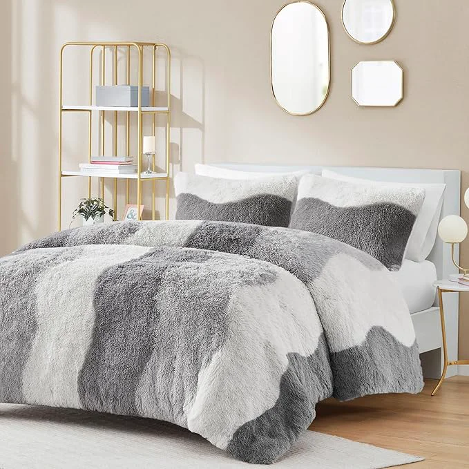 Durable Intelligent Design Shaggy Faux Fur Comforter Set Cozy amp Soft Long Fur with Ombre Color Waves Pattern Modern All Season Down Bed Set with Matching Sham Cassie Full Queen Grey 3 Piece Reliable