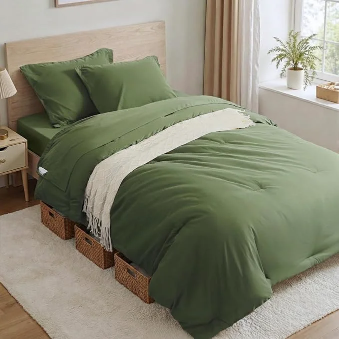 Official Anluoer Twin Comforter Set 5 Pieces Olive Green Bed in a Bag with Sheets All Season Bedding Sets with 1 Comforter 1 Pillow Sham 1 Pillowcase 1 Flat Sheet 1 Fitted Sheet High-Performance