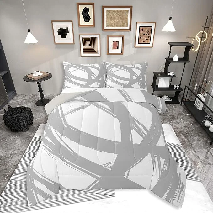 Selected Erosebridal Gray and White Abstarct Queen Comforter Set for Adult Women Men Geometric Striped Bedding Set for Minimalists Graffiti Aesthetic Lines Quilt Contemporary Boho Modern Art Duvet Insert Specialty