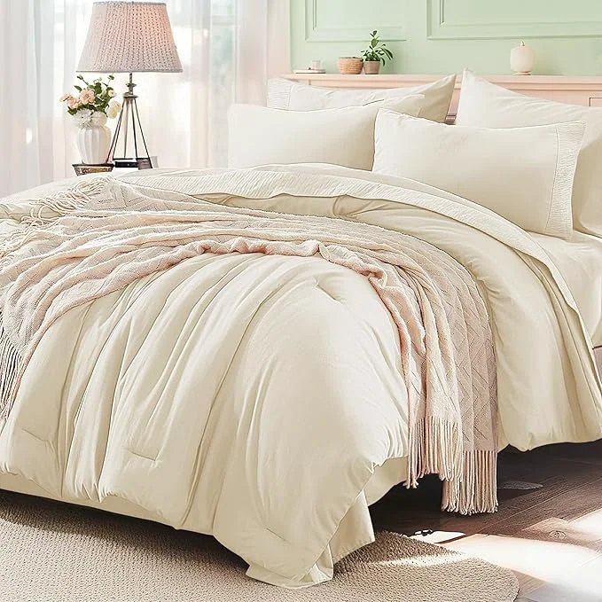 Organic Anluoer Cream Full Comforter Set 7 Pieces Bed in a Bag with Sheets All Season Bedding Sets with 1 Comforter 2 Pillow Shams 2 Pillowcases 1 Flat Sheet 1 Fitted Sheet Efficient