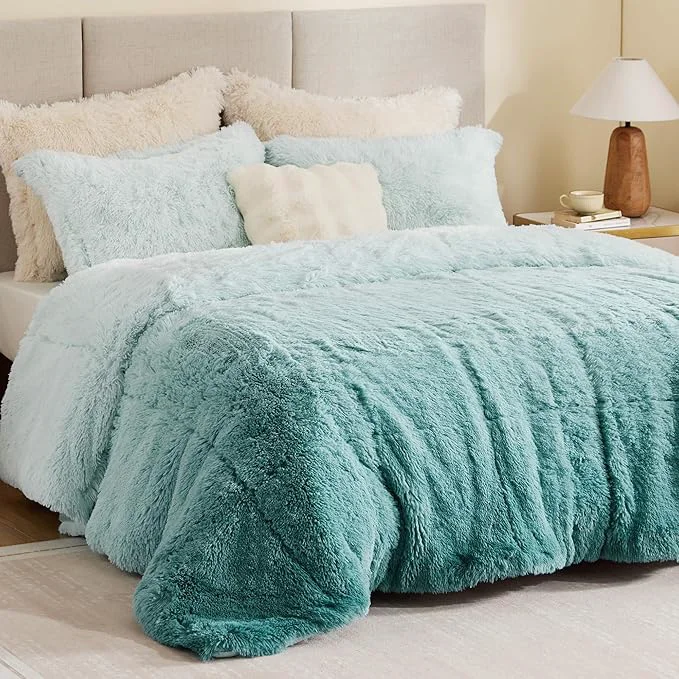 Powerful Intelligent Design Brielle Long Shaggy Faux Fur Comforter Set Plush Reverse Trendy Ombre Design Modern Cozy All Season Bedding Matching Sham Full Queen 90 quot x90 quot Aqua 3 Piece Efficient