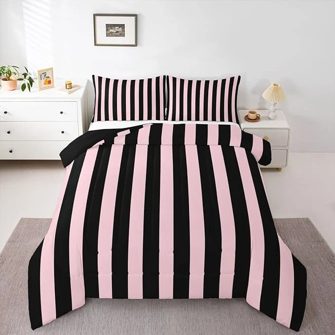 Environmentally Friendly Erosebridal Pink and Black Striped Comforter Set King Size Simple Vertical Stripes Bedding Set Cute Retro Vintage Stripe Bed Collections Modern Abstract Minimalist Aesthetic Duvet Insert Contemporary