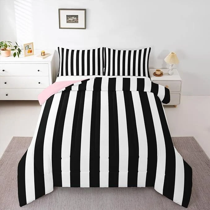 Official Erosebridal Black and White Striped Full Comforter Set Pink Reversible Striped Bedding Set Pink and Black Comforter Sets for Kids Teens Adults Cute Pinstripe Girls Bed Quilt Sets Consistent