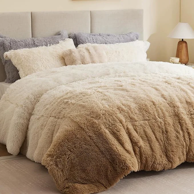Flexible Intelligent Design Long Shaggy Faux Fur Comforter Set Soft Plush Reverse Chic Ombre Design King Size Comforter Sets All Season Bedding Set Matching Sham Brielle King Cal King 104 quot x90 quot Natural Easy-to-Use