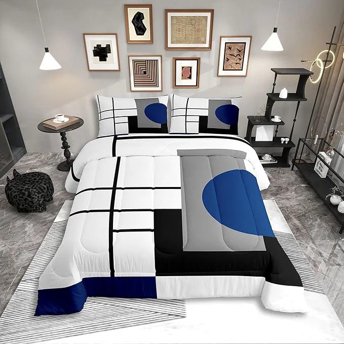 Optimized Erosebridal White Black Blue Striped Toddler Comforter Boho Modern Geometric Abstract Bedding Set Stripes Lines Duvet Insert Minimalist Square and Circle Bed Sets Specialty