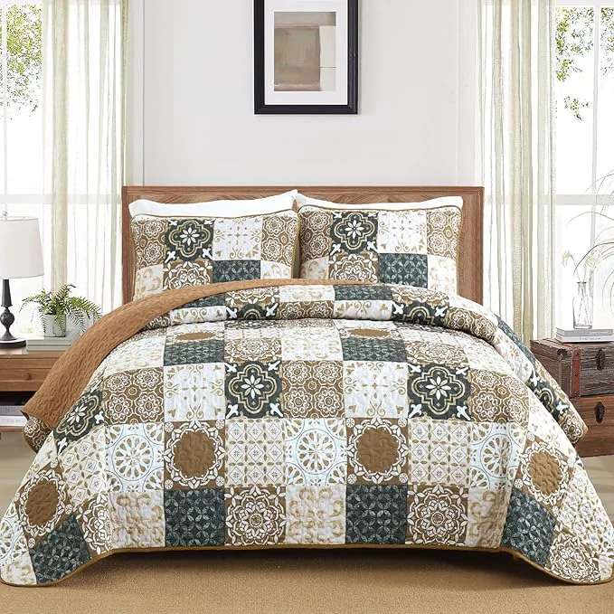 Reusable Dobuyly Brown Quilt Set Queen Size Boho Plaid Patchwork Bedspreads Coverlet Set 3 Pieces Soft Lightweight Microfiber Fall Quilt Bedding Set for All Seasons 96 quot x90 quot Classic