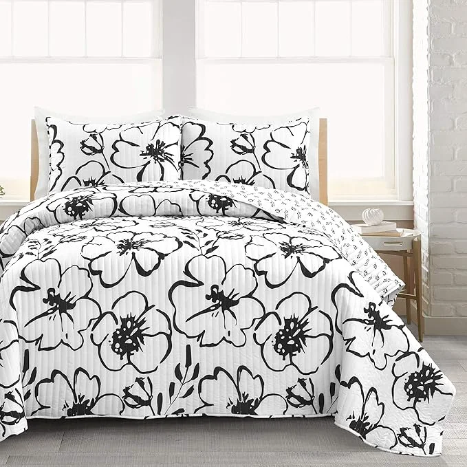 Quality Lush Decor Scandinavian Floral Quilt Queen Size Reversible 3 Piece Set Full Queen Black amp White – Floral Bedding Set Queen Quilt – White Bedding Organic
