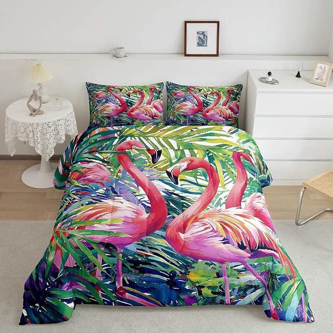 Original Erosebridal Flamingo Comforter Set Full Size Tropical Leaves Room Decor Down Comforter Palm Tree Pattern Quilted Duvet Colorful Comforter Set with 2 Pillow Cases Super Soft Breathable Excellent
