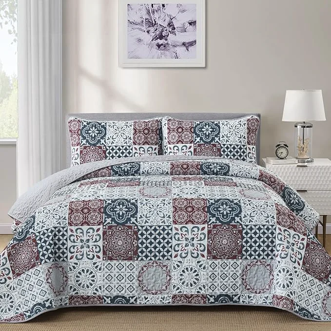 Premium Material Dobuyly Patchwork Quilt Set King Size Boho Plaid Bedspread Red Grey Quilt Coverlet Set 3 Pieces Soft Microfiber Lightweight Farmhouse Summer Bedding Set for All Seasons 110 quot x90 quot Next-Generation
