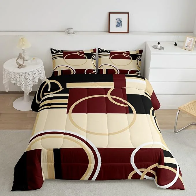 Elegant Erosebridal Modern Geometric Comforter Set Red Brown Black Stripes Down Comforter Queen Size Retro Circle Swirls Bedding Set Bedroom Decor Abstract Texture Color Art Comforter for Kids Adult Convenient