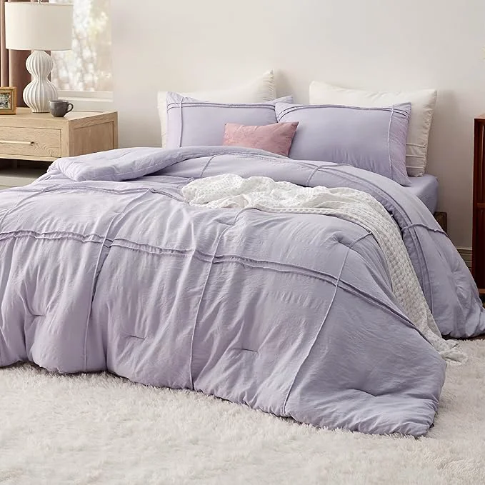 Exclusive Bedsure Queen Comforter Set with Sheet – 4 Pieces Soft Lavender Purple Bedding Grid Pinch Pleat All Season Lightweight Fluffy Bed Set with Solid Boho Comforter Pillowcases amp Sheet First-Class
