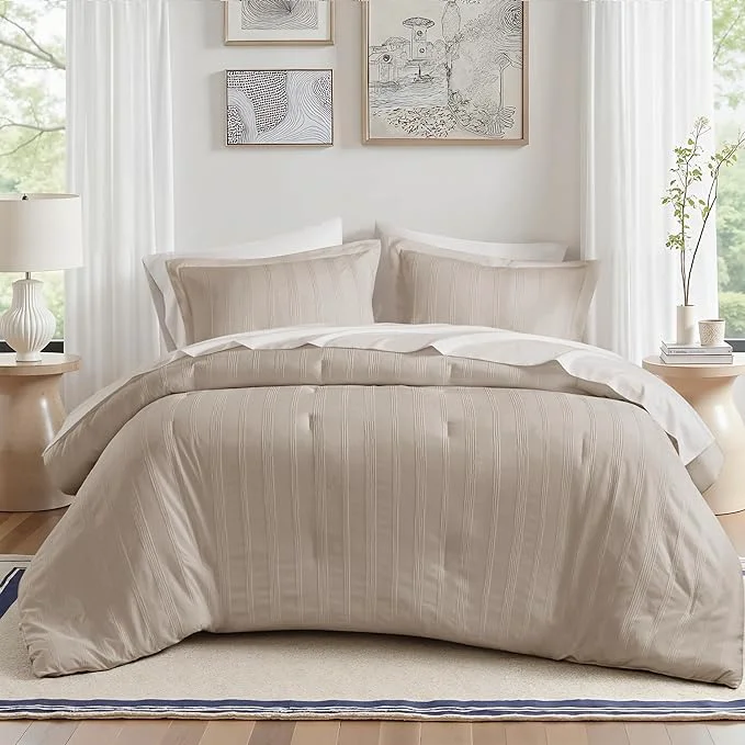 Safe Madison Park Essentials Striped Comforter Set Queen 7 Pieces Modern Minimalist Jacquard Bedding Set for All Season Bed in A Bag with Sheet Set and Soft Brushed Reverse Lightweight Neutral Optimized